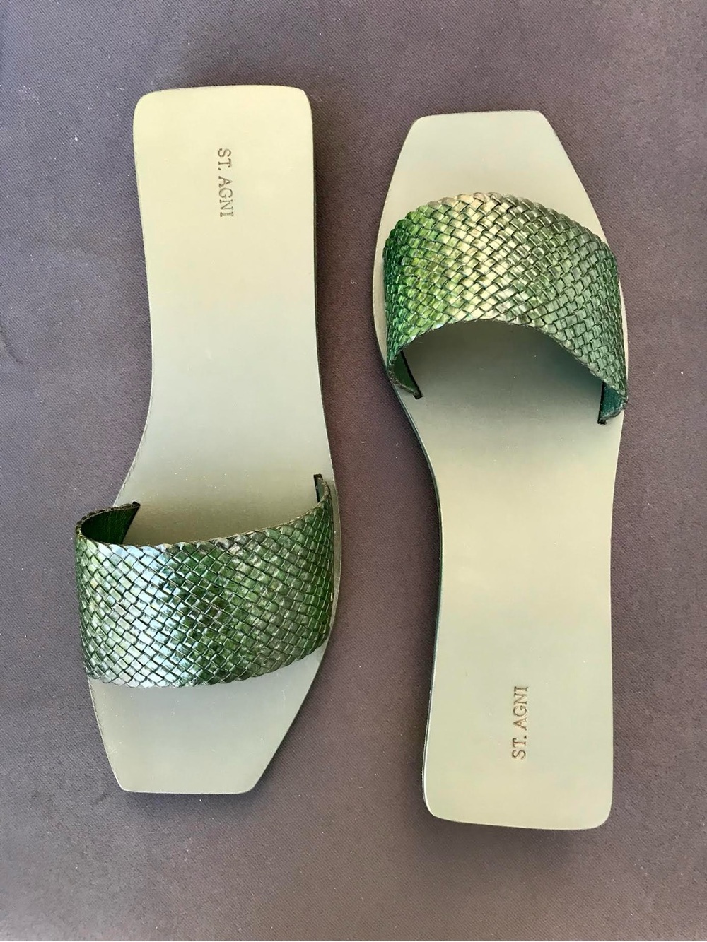 NWT St. Agni Edi Woven Emerald Green Leather Slide Sandals SIZE 40